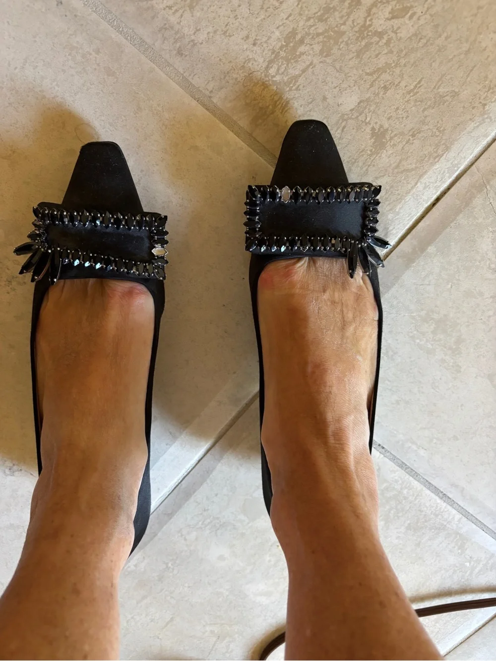 Stuart Weitzman Black Pointed Toe Leather Flats with Embellished Buckle